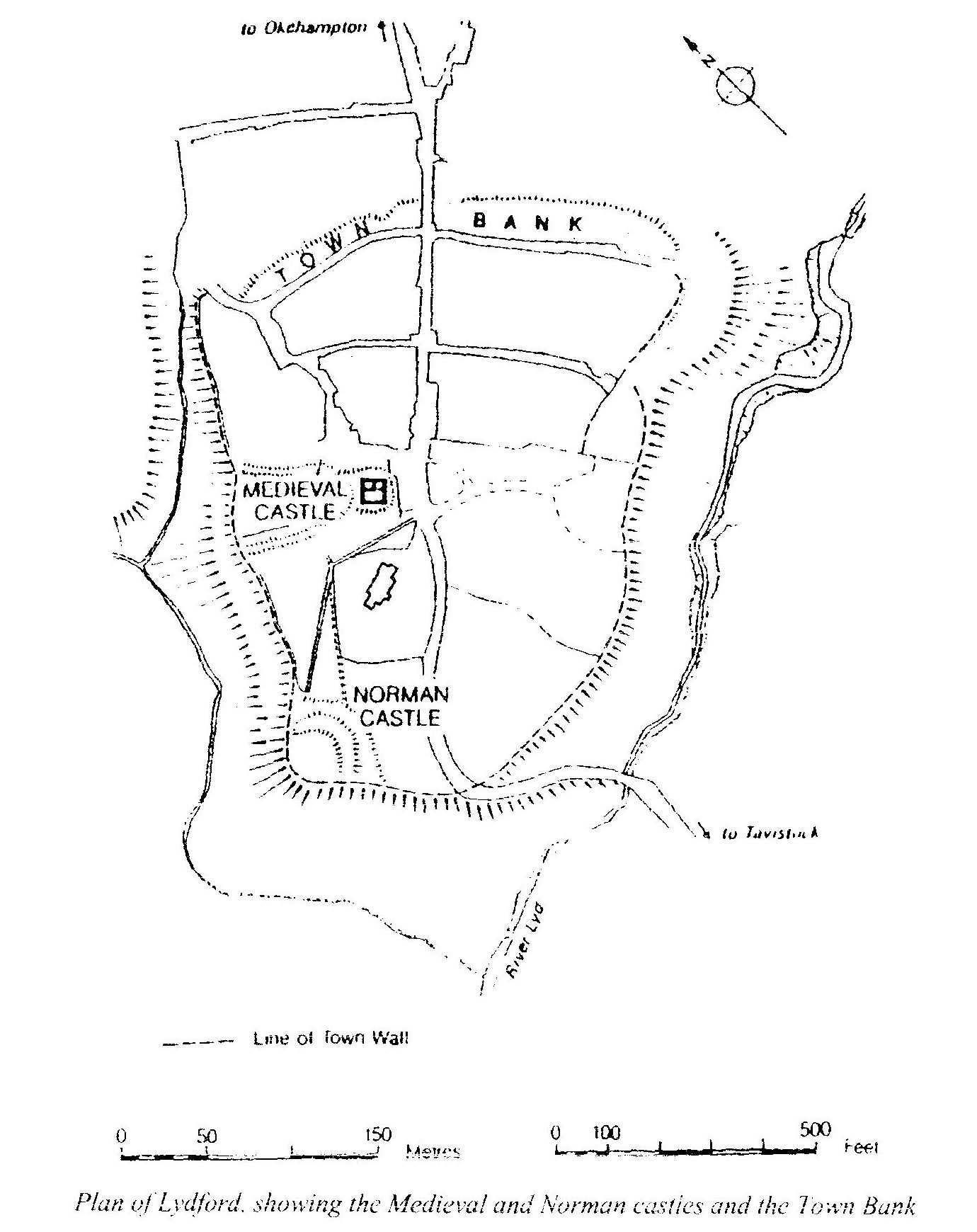 Plan of Lydford showing the Medieval and Norman castles and the Town Bank